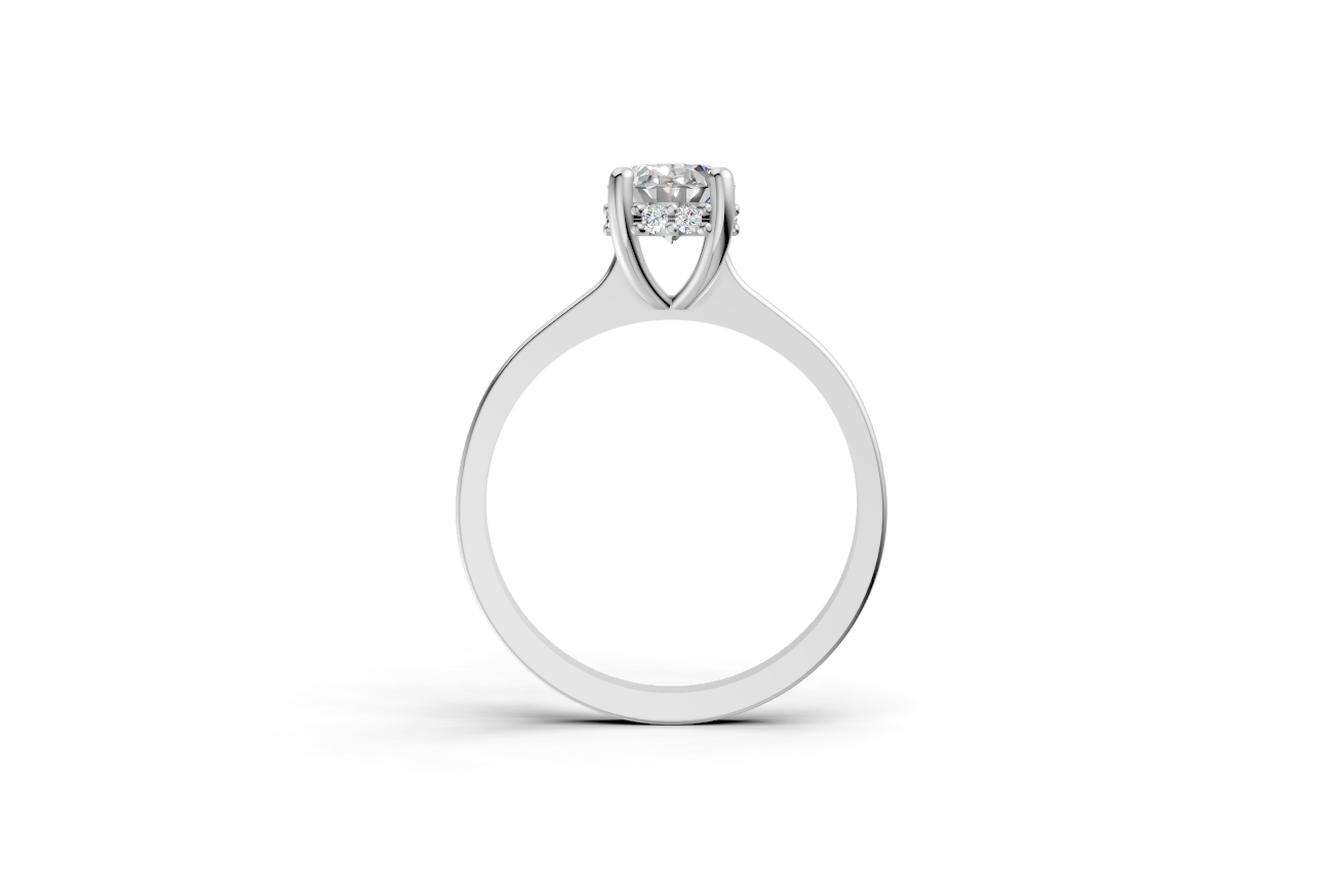 Halo Bloom Oval engagement ring with diamond halo and oval center stone by Duda Jewels.