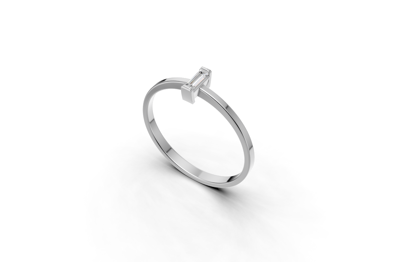 The Fancy Ring Baguette in 9k white gold featuring a single horizontal lab-grown baguette-cut diamond on a slim minimalist band.