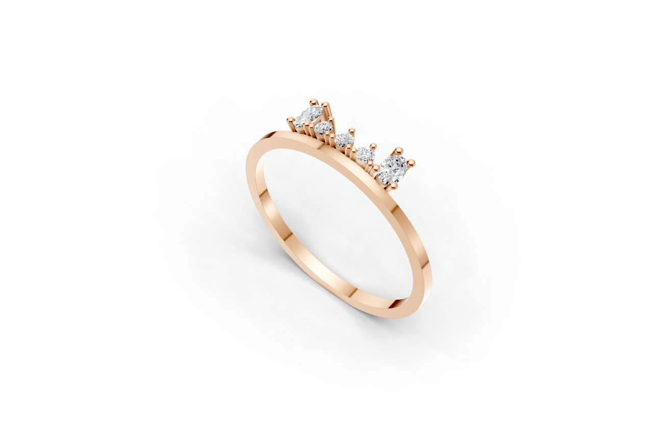 Gold family ring with 2 oval and 3 round lab-grown diamonds representing parents and children.