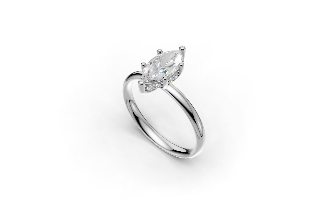 Close-up of a 1 carat Marquise lab grown diamond ring with hidden halo detail and 2.5mm white gold band.