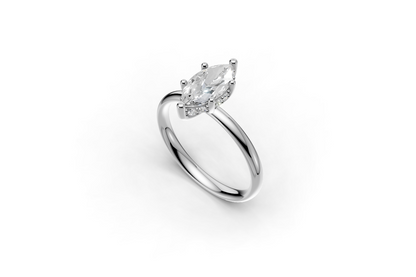 Close-up of a 1 carat Marquise lab grown diamond ring with hidden halo detail and 2.5mm white gold band.