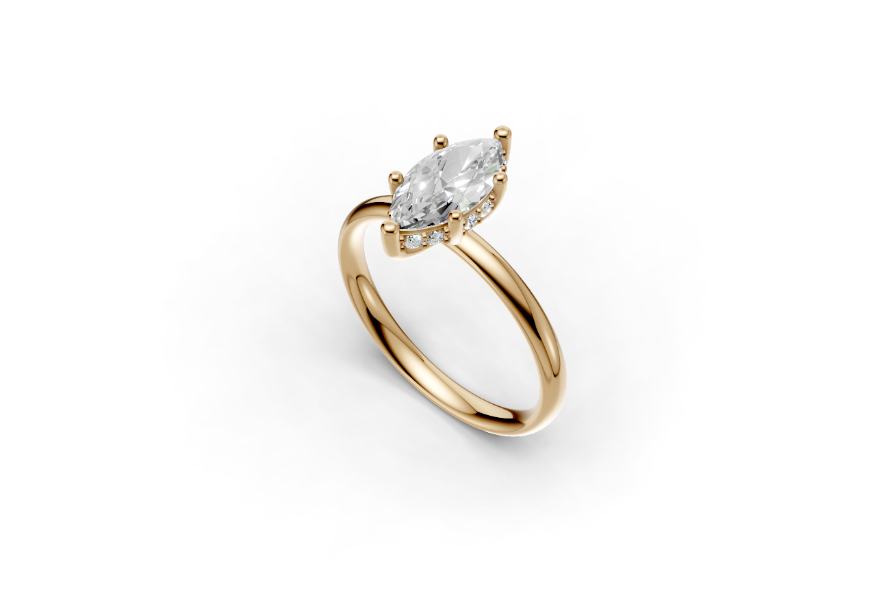 Close-up of a 1 carat Marquise lab grown diamond ring with hidden halo detail and 2.5mm yellow gold band.